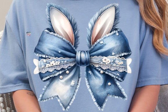 Blue Denim Easter Bow PNG Bunny Ears