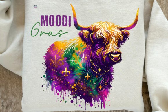 Moodi Gras Highland Cow Brushstrokes PNG: Creative Design Asset